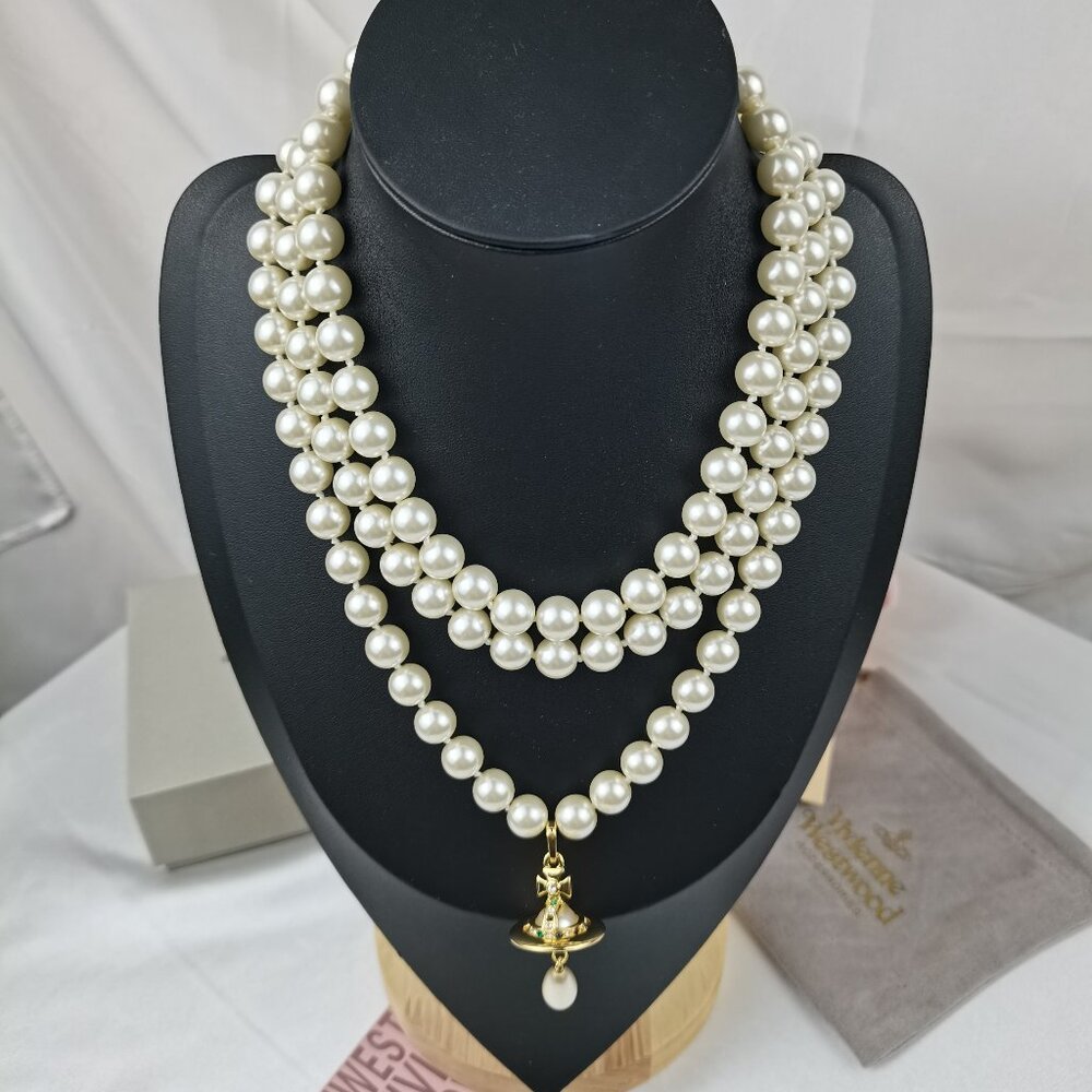 Vivienne Westwood Three Row Pearl Gold Drop Necklace